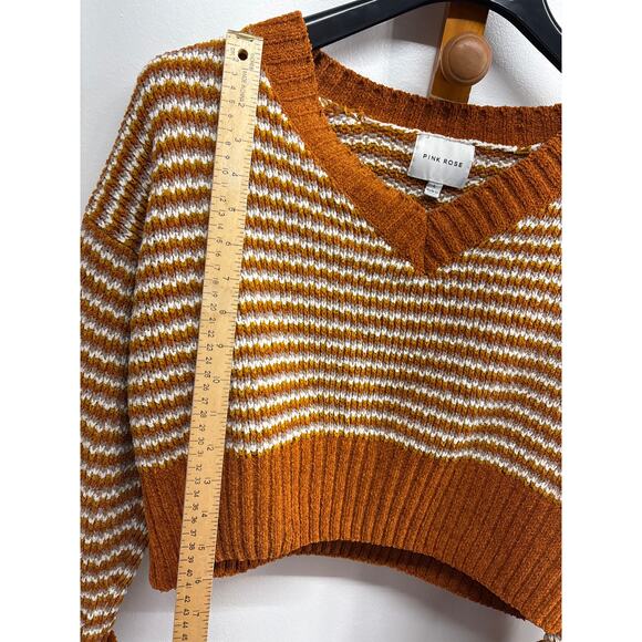 Pink Rose gold brown fuzzy knit cropped women’s sweater Large v-neck pullover - Picture 4 of 7